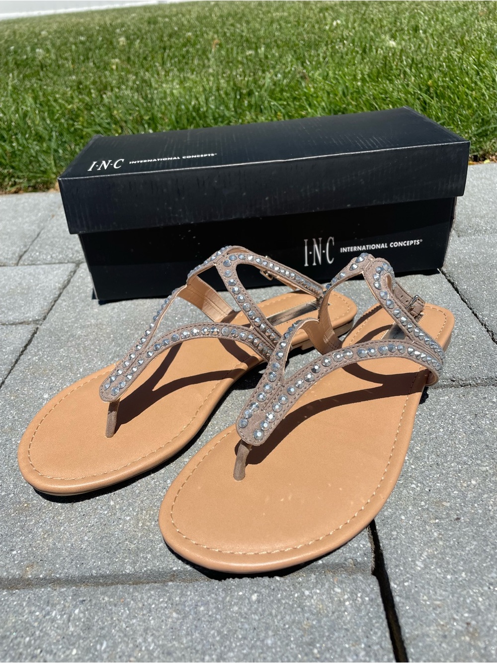 INC International Concepts Taupe Rhinestone T-Strap Sandals w/ Silver Accents 8M